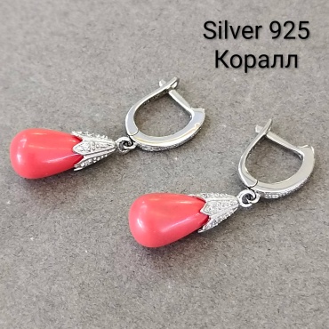 Серьги ювелирный сплав, коралл, цирконий