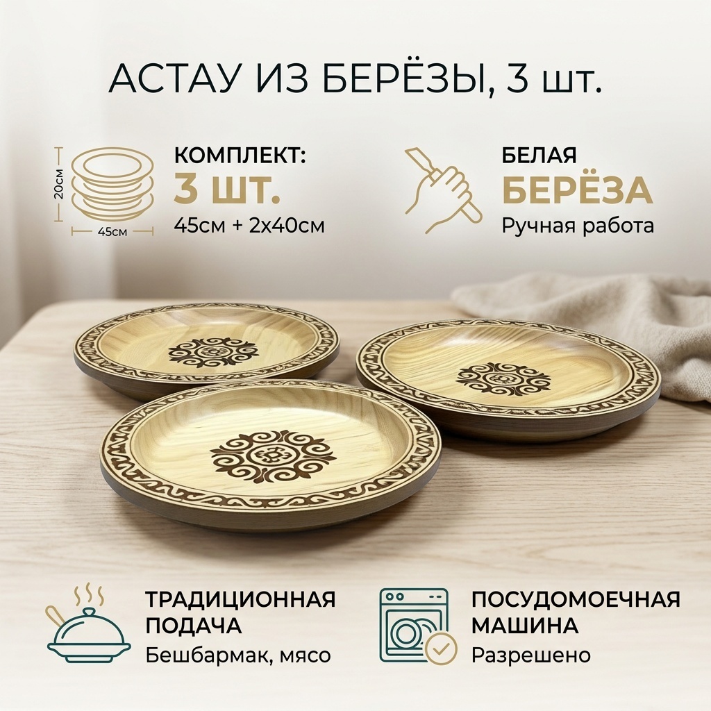 Астау Казахские национальные изделия из дерева 45х45 см, береза, 3 шт