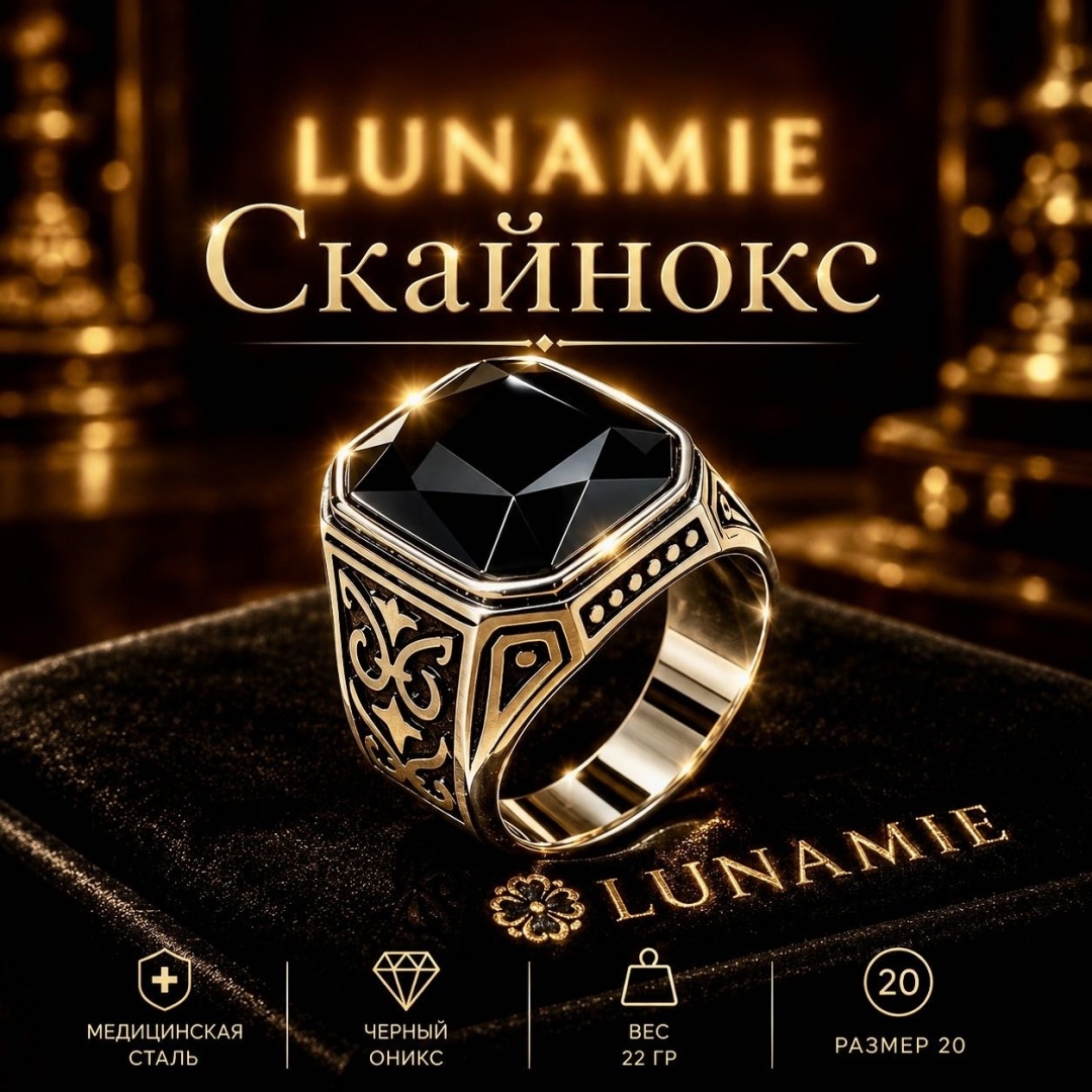 LUNAMIE Мужской перстень “Скайнокс” размер 20 вес 22 г титан, нержавеющая сталь, оникс