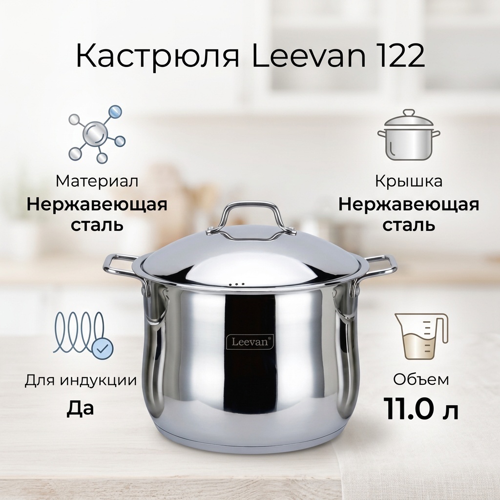 Кастрюля 11 л, Leevan 122 нержавеющая сталь