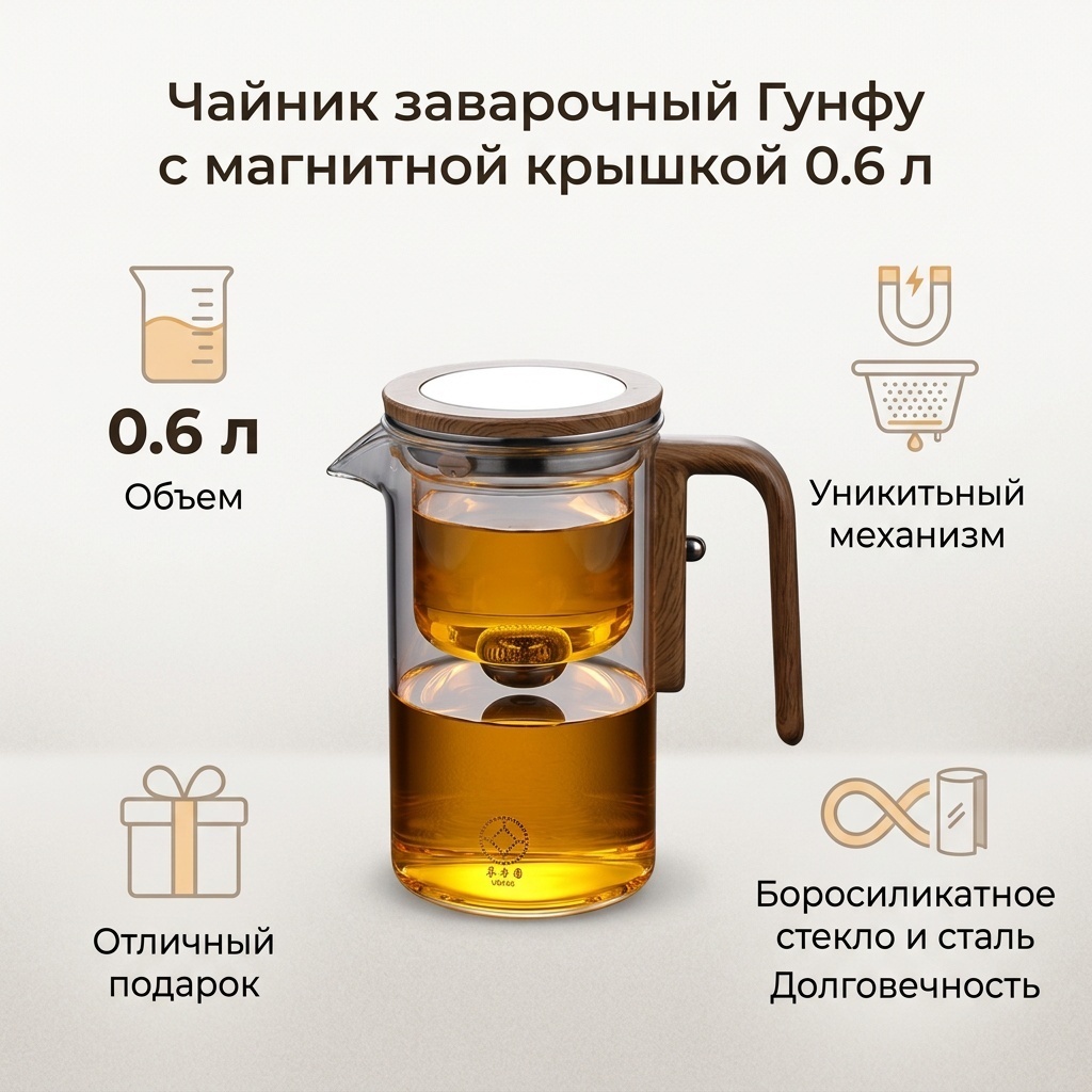 Чайник Гунфу с магнитной крышеой 0.6 л, нержавеющая сталь, стекло