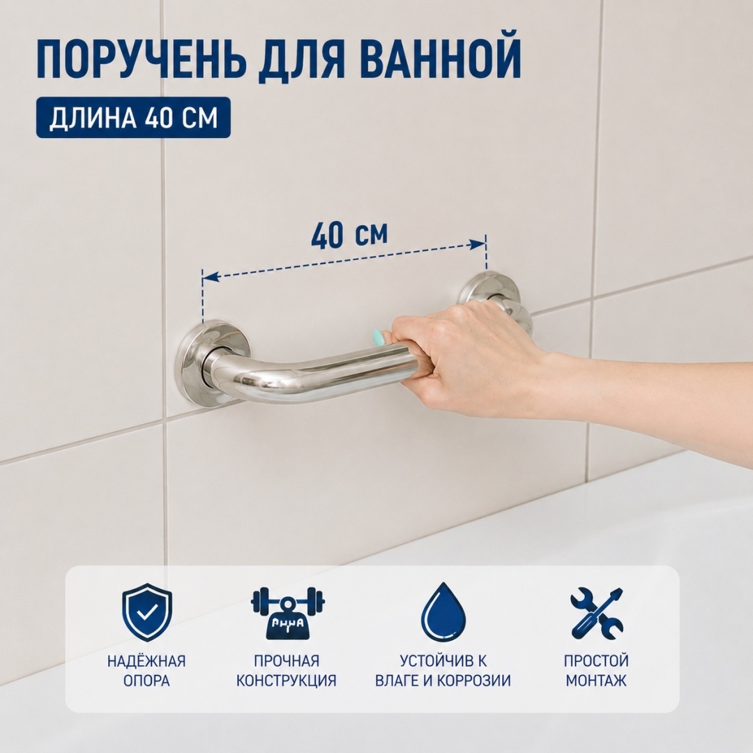 Поручень для ванны 40 см серебристый, хром