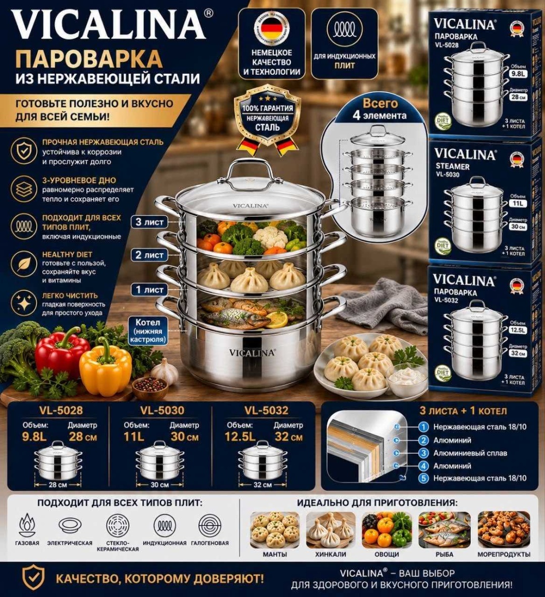 Пароварка 9.8 л, нержавеющая сталь, количество ярусов: 3