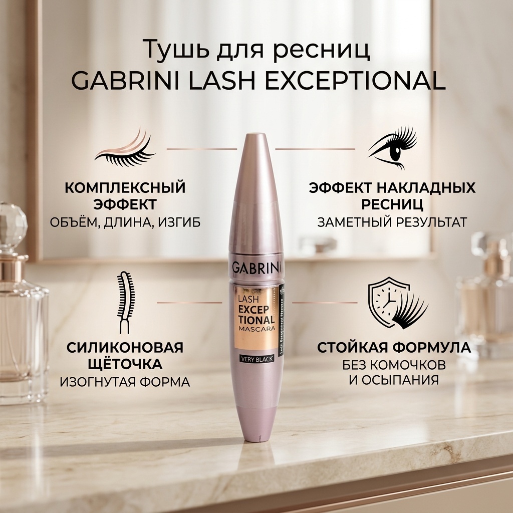 Тушь для ресниц Gabrini Lash Еxceptional для объема, удлиняющая, подкручивающая черный