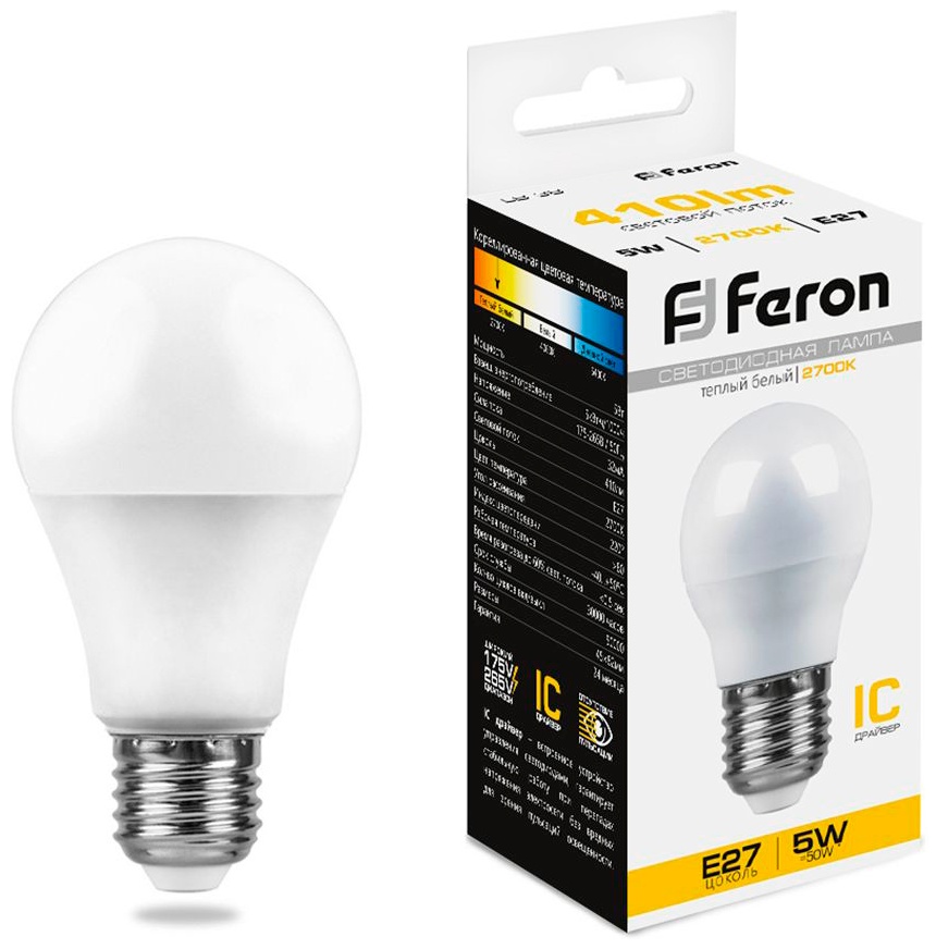 Feron 5W E27, светодиодная, теплый белый