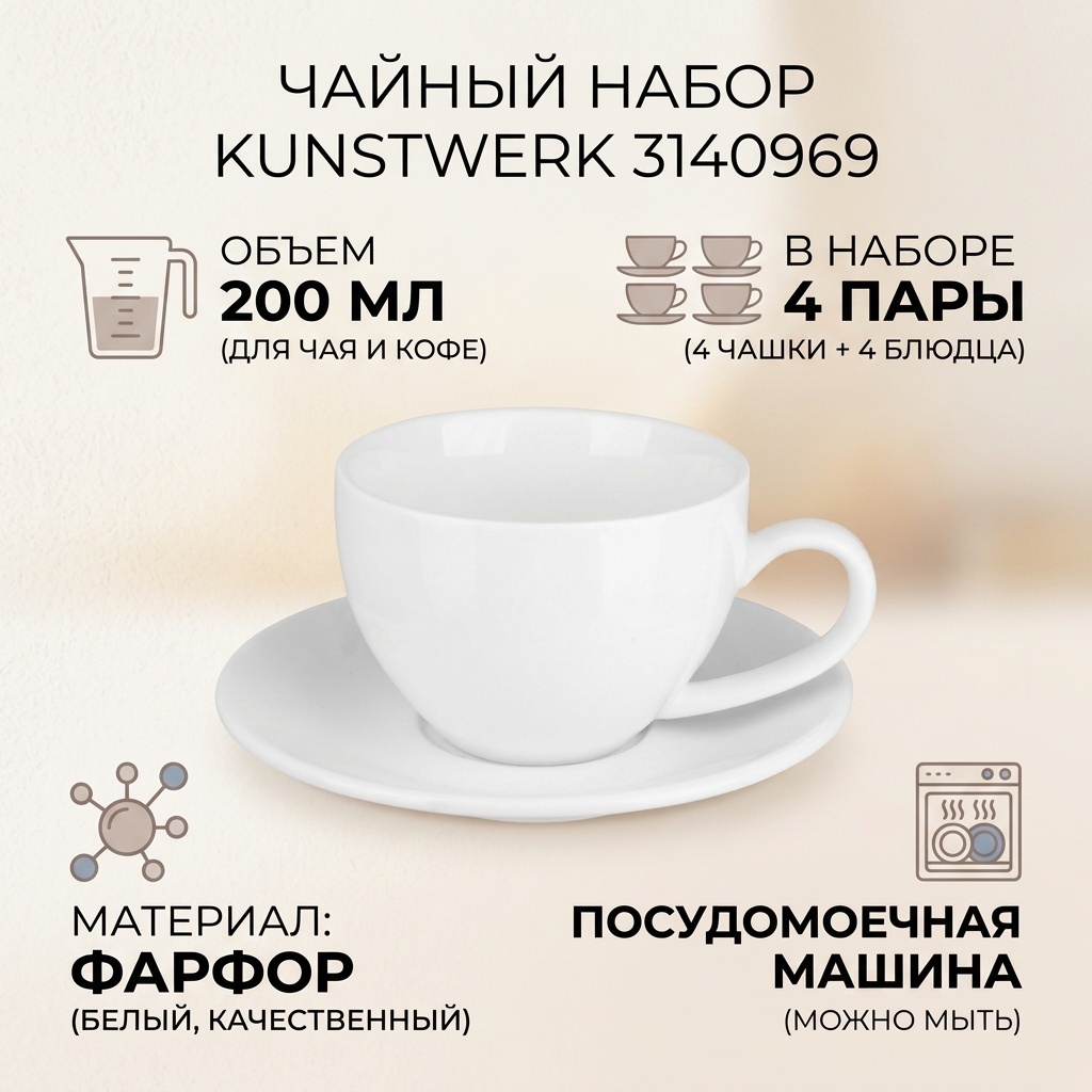 Чайная пара Kunstwerk «Кунстверк», 200 мл, фарфор, 4 шт.