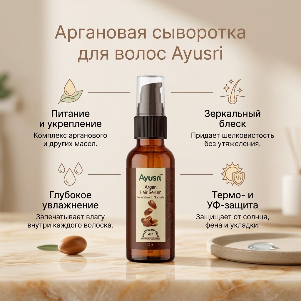 Аргановая сыворотка для волос (Argan hair Serum AYUSRI), 50 мл