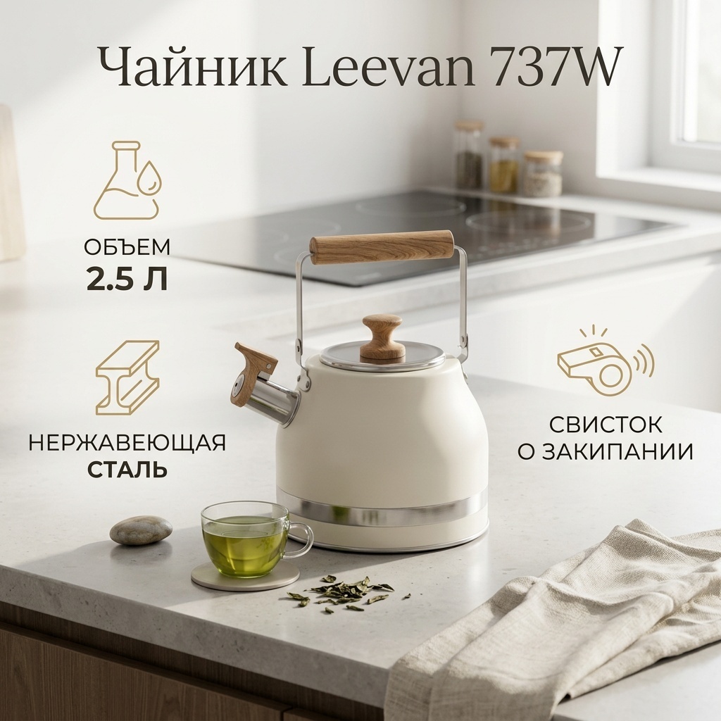 Leevan чайник 737W 2.5 л, нержавеющая сталь