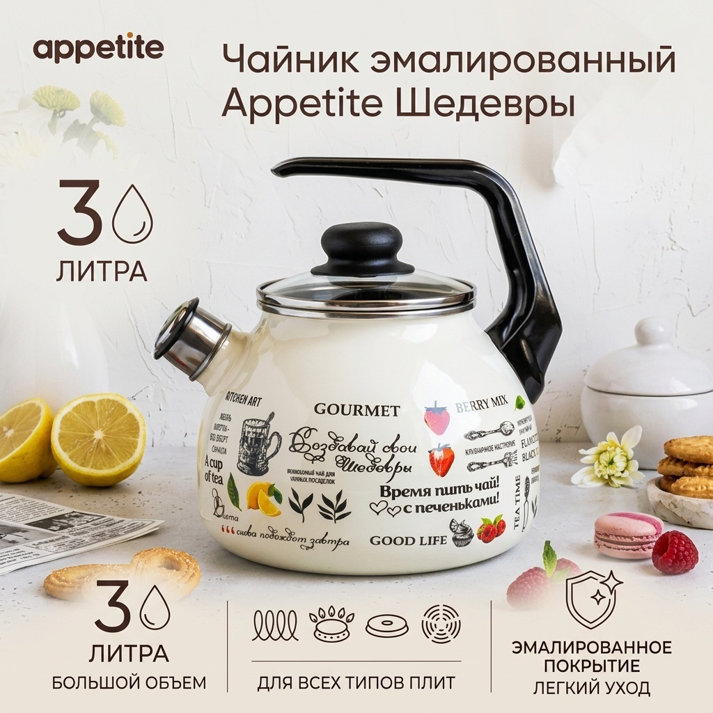 Appetite чайник 4с209яShedevry 3 л, эмалированная сталь, нержавеющая сталь, стекло, сталь