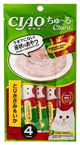 INABA пюре курица, кальмар 56 г 4 шт