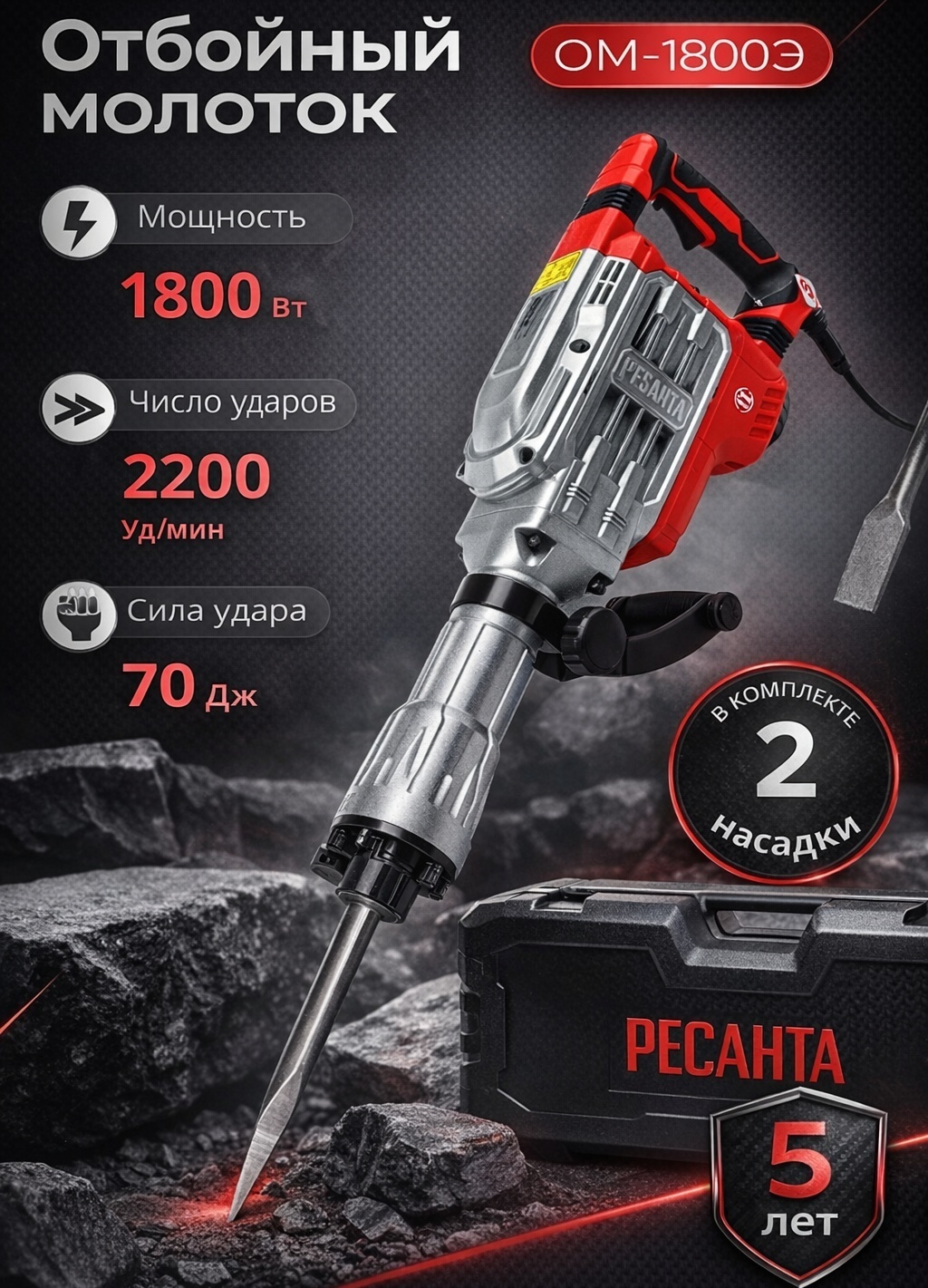 Отбойный молоток Ресанта ОМ-1800Э 75/23/1 шестигранник (HEX)