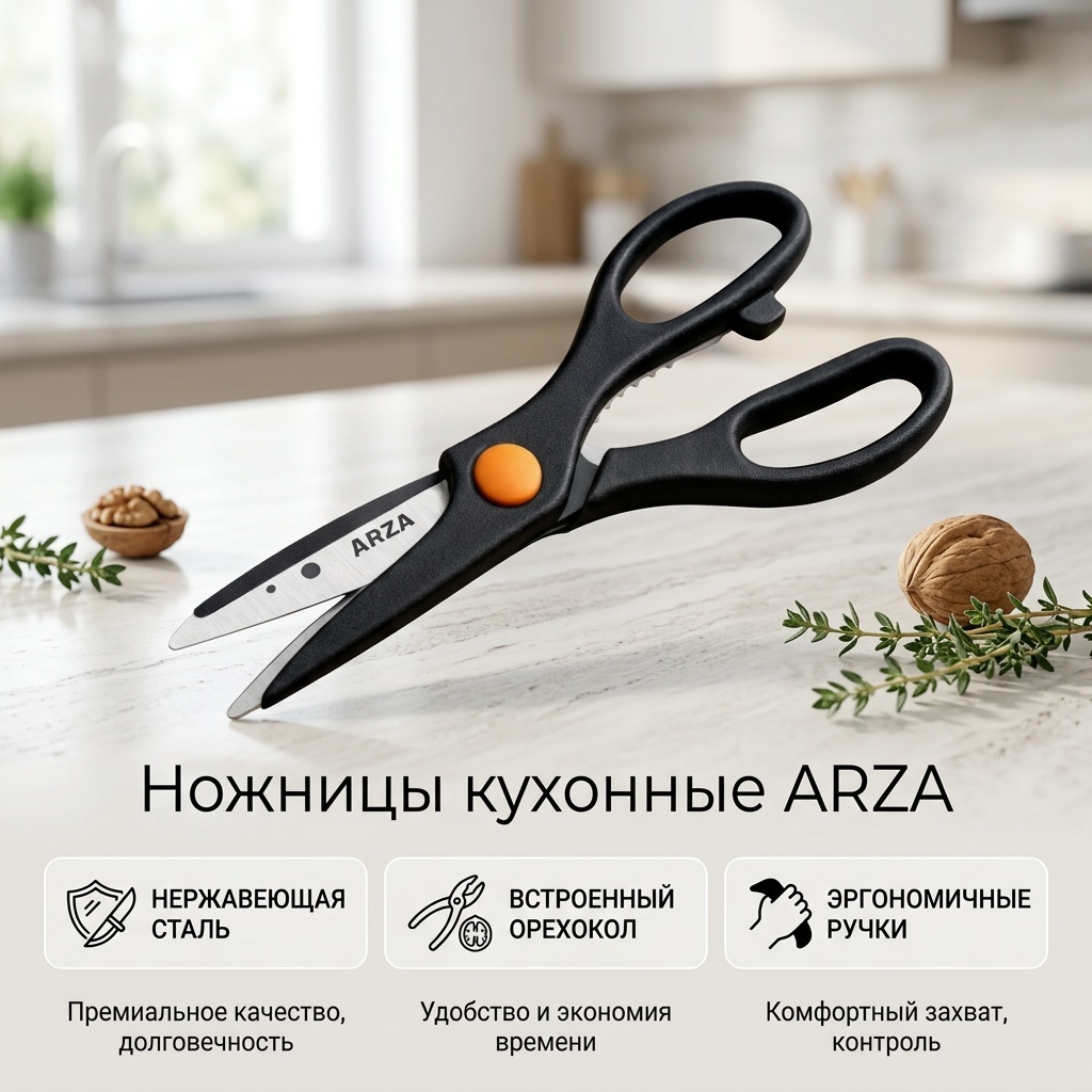 Ножницы кухонные ARZA нержавеющая сталь, пластик, 1 шт