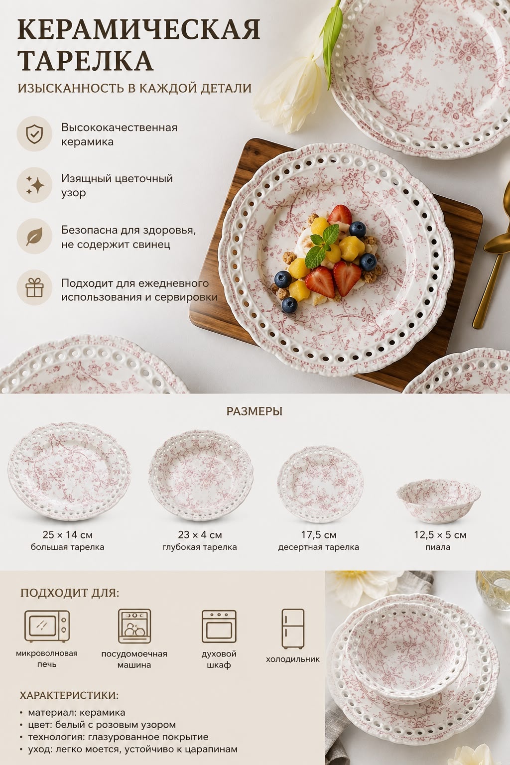 Тарелка с ажурным бортиком 12.5 см, 25 см, 4 шт, керамика