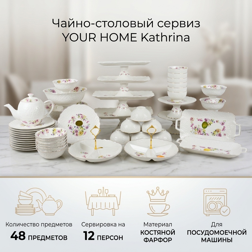 Сервиз на 12 персон YOUR HOME , предметов: 48, чайно-столовый, костяной фарфор