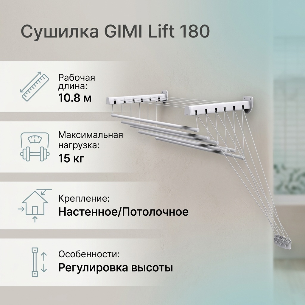 Сушилка настенная, потолочная GIMI 45x180x5 см, кол-во уровней: 2, металл, сталь