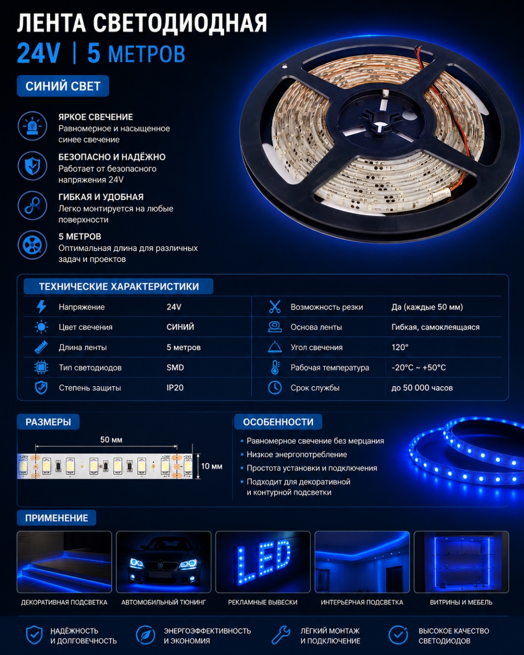 Светодиодная лента синий 5 м