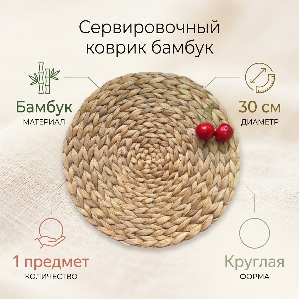 Сервировочный коврик 30x30 см, бамбук, 1 шт