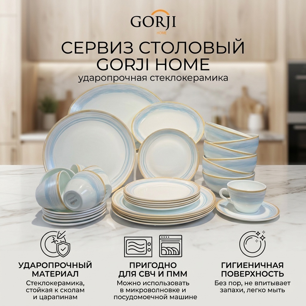 Сервиз на 6 персон Gorji home Turquoise ribbons, предметов: 32, столовый, стеклокерамика