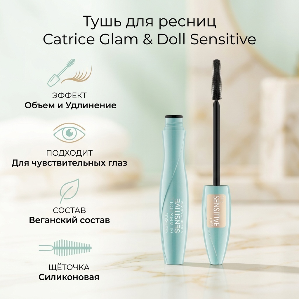 Тушь для ресниц Catrice Glam and Doll Sensitive для объема, удлиняющая черный