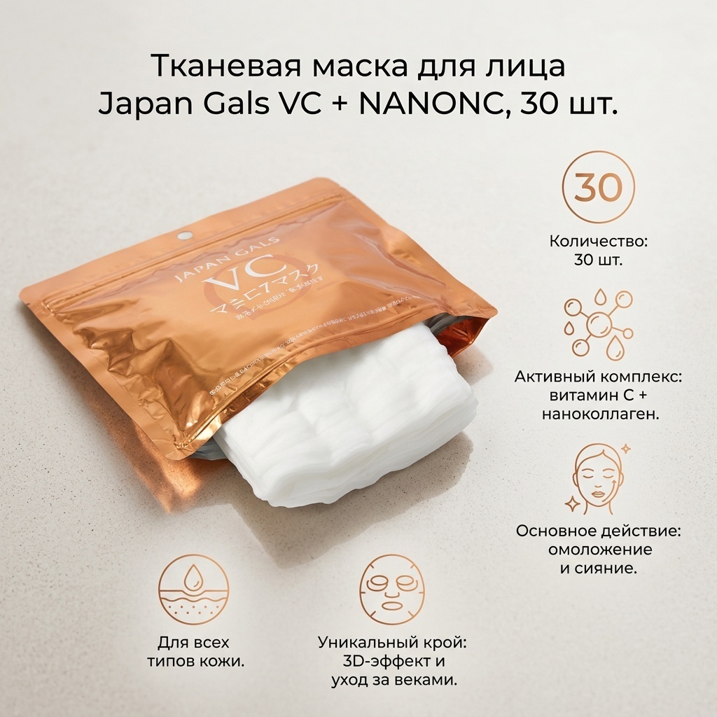 Маска для лица Japan Gals тканевая VC + NANONC 30 шт
