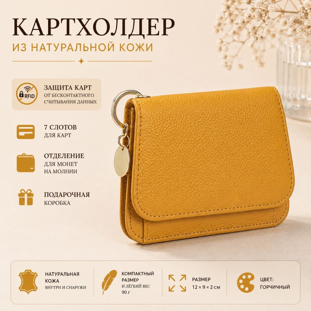 Картхолдер натуральная кожа горчичный