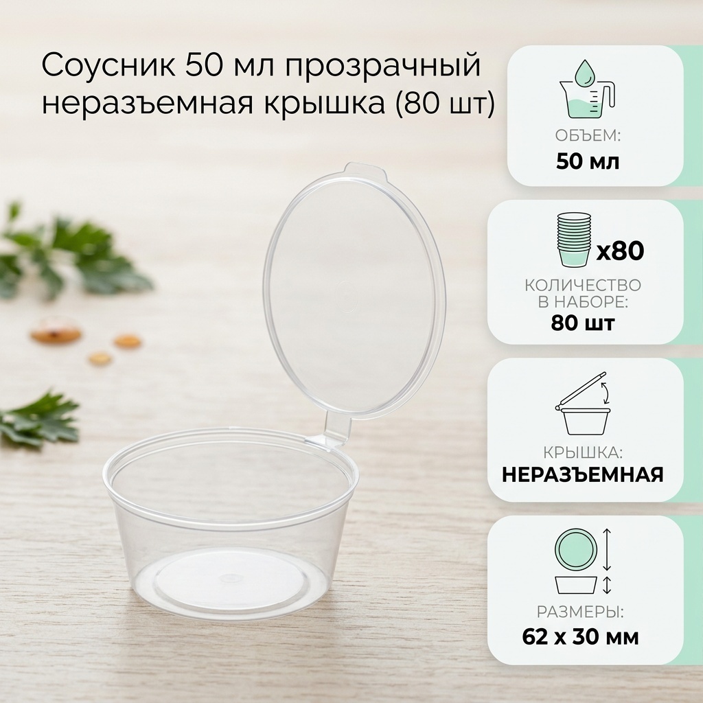Соусник 50 мл прозрачный неразъемная крышка (80 шт)