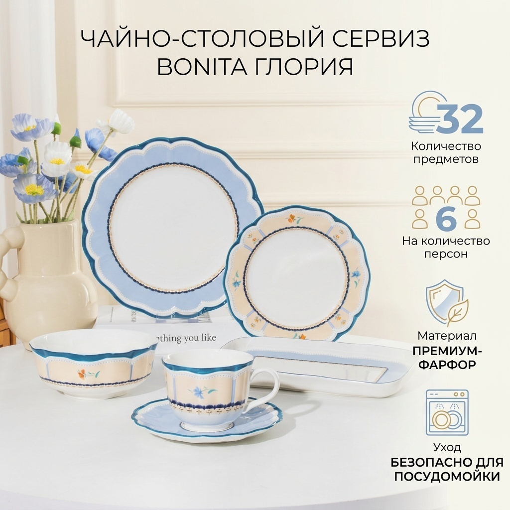 Сервиз на 6 персон Bonita голубой-розовый, предметов: 32, чайно-столовый, фарфор