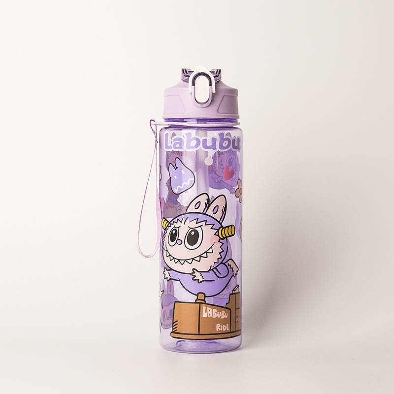 Бутылка Labubu 0.75 л фиолетовый, коричневый, крышка с трубочкой, пластик