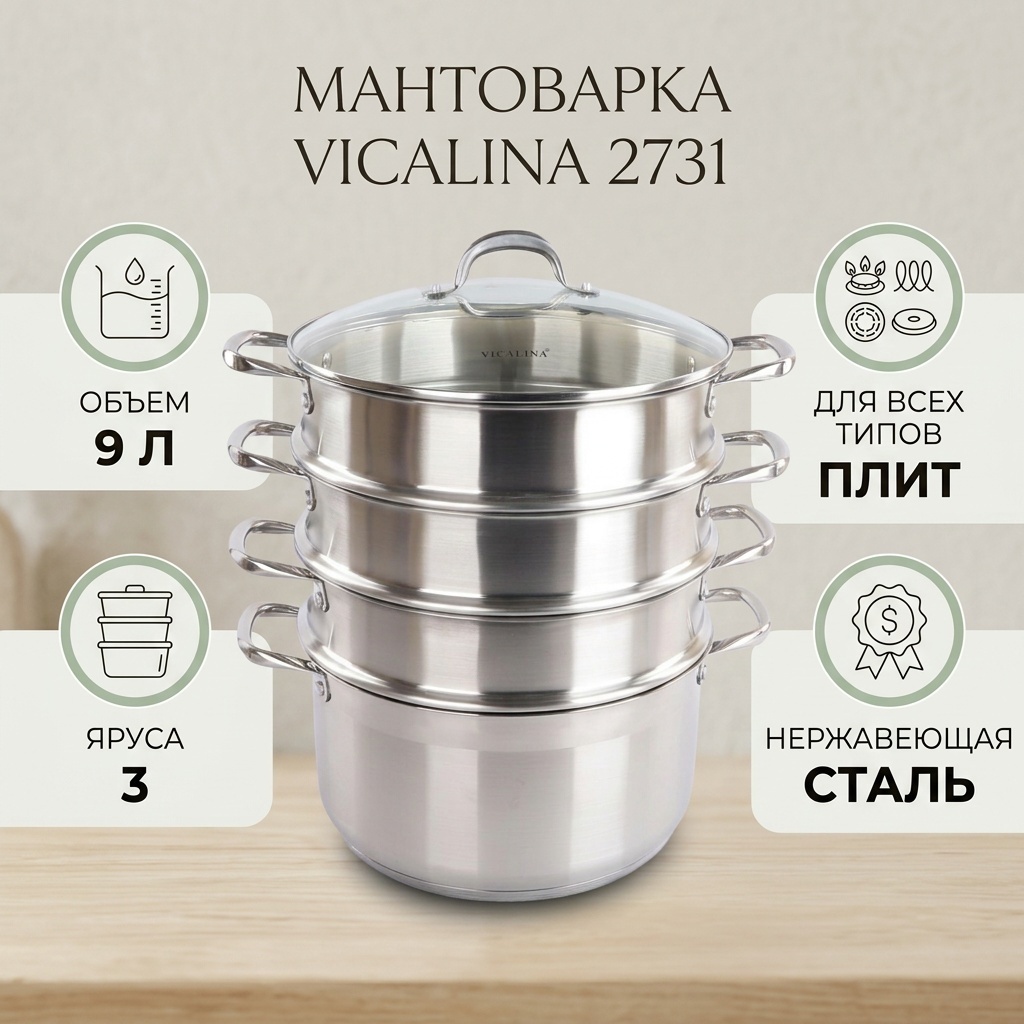 Мантоварка 9 л, Vicalina нержавеющая сталь, количество ярусов: 3