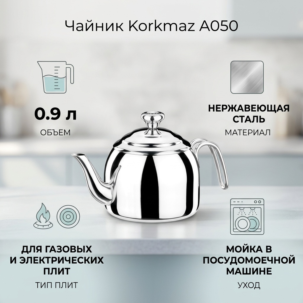 Чайник Korkmaz A050 0.9 л, нержавеющая сталь