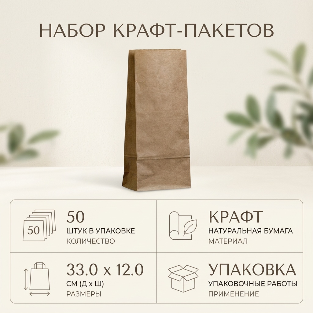 Крафт пакет с прямоугольным дном 120x80x330мм, 50 г/м2 бурый 50 шт