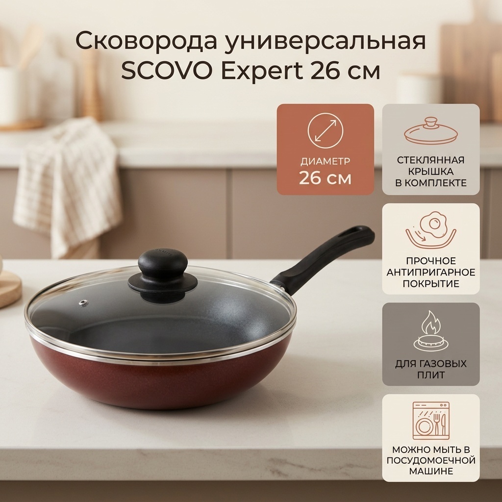 Сковорода SCOVO Expert 26 см с антипригарным покрытием, алюминий