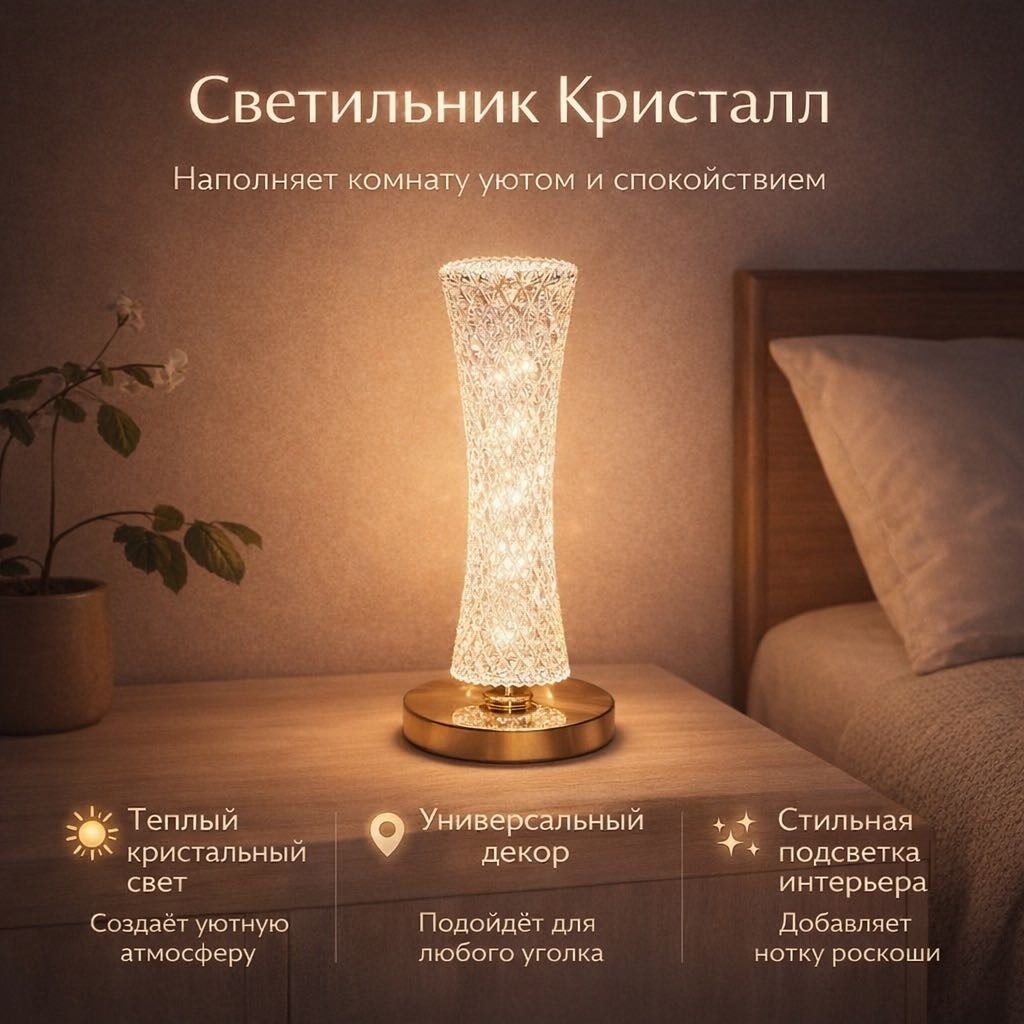 Декоративный светильник настольный Кристалл, теплый белый, холодный белый