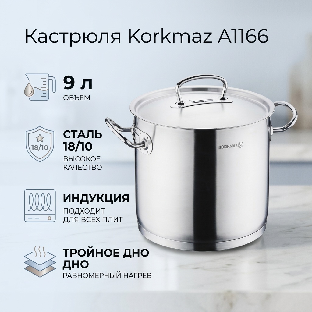 Кастрюля 9 л, Korkmaz A1166 сталь