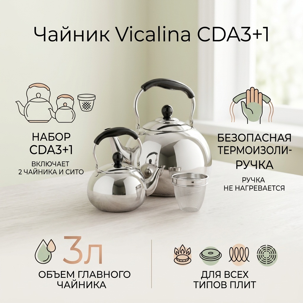 Vicalina чайник CDA3+1 3 л, нержавеющая сталь