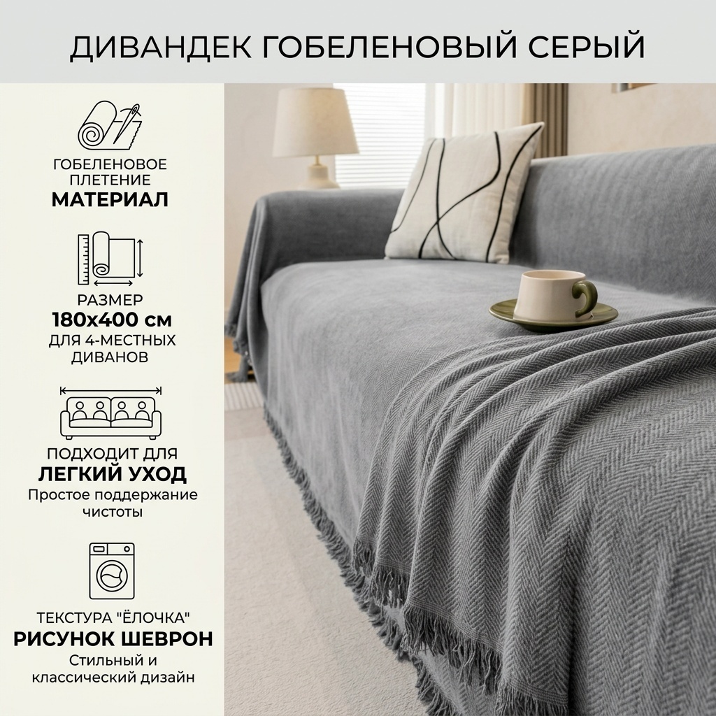 Дивандек для дивана, для кушетки 872777655 серый 180x400 см