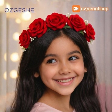 Ободок с розами и декоративными листьями для девочек OZGESHE красный