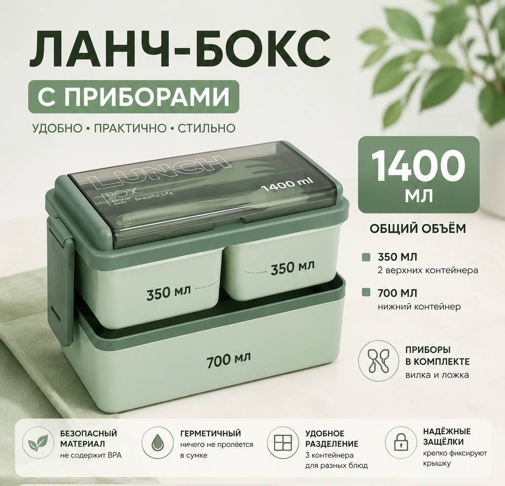 СигмаАрт ланч-бокс lb1400rgeen 3 шт, полипропилен