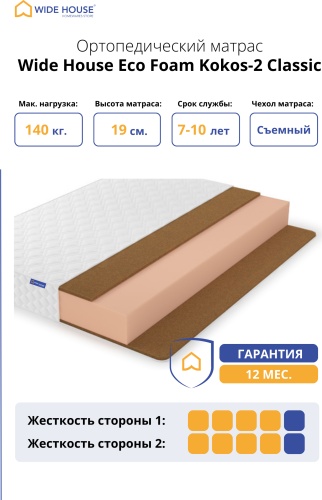 Матрас WIDE HOUSE Eco Foam Kokos-2 Classic, 160x180x19 см