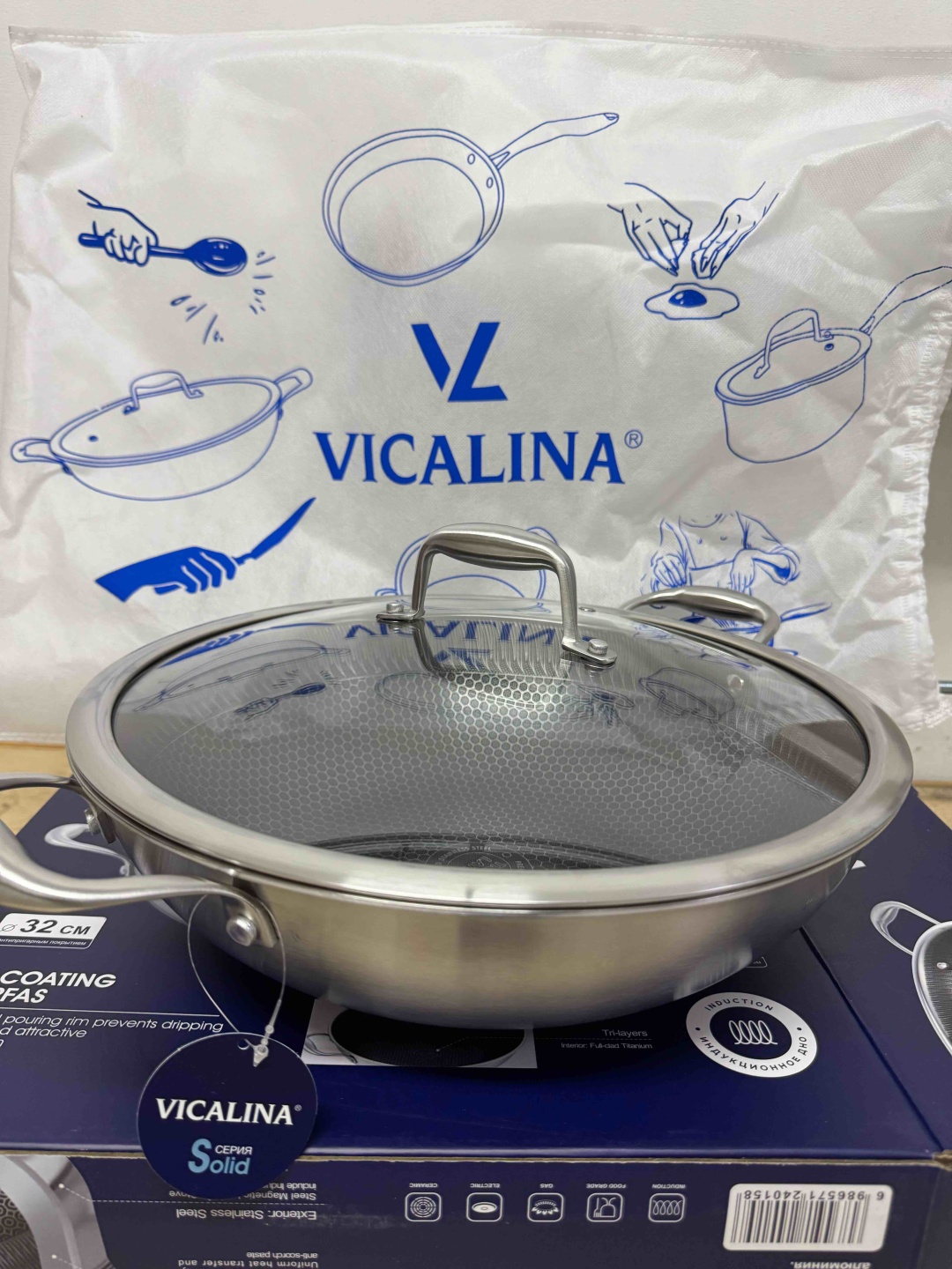 Вок Vicalina Solid 32 см с антипригарным покрытием, нержавеющая сталь