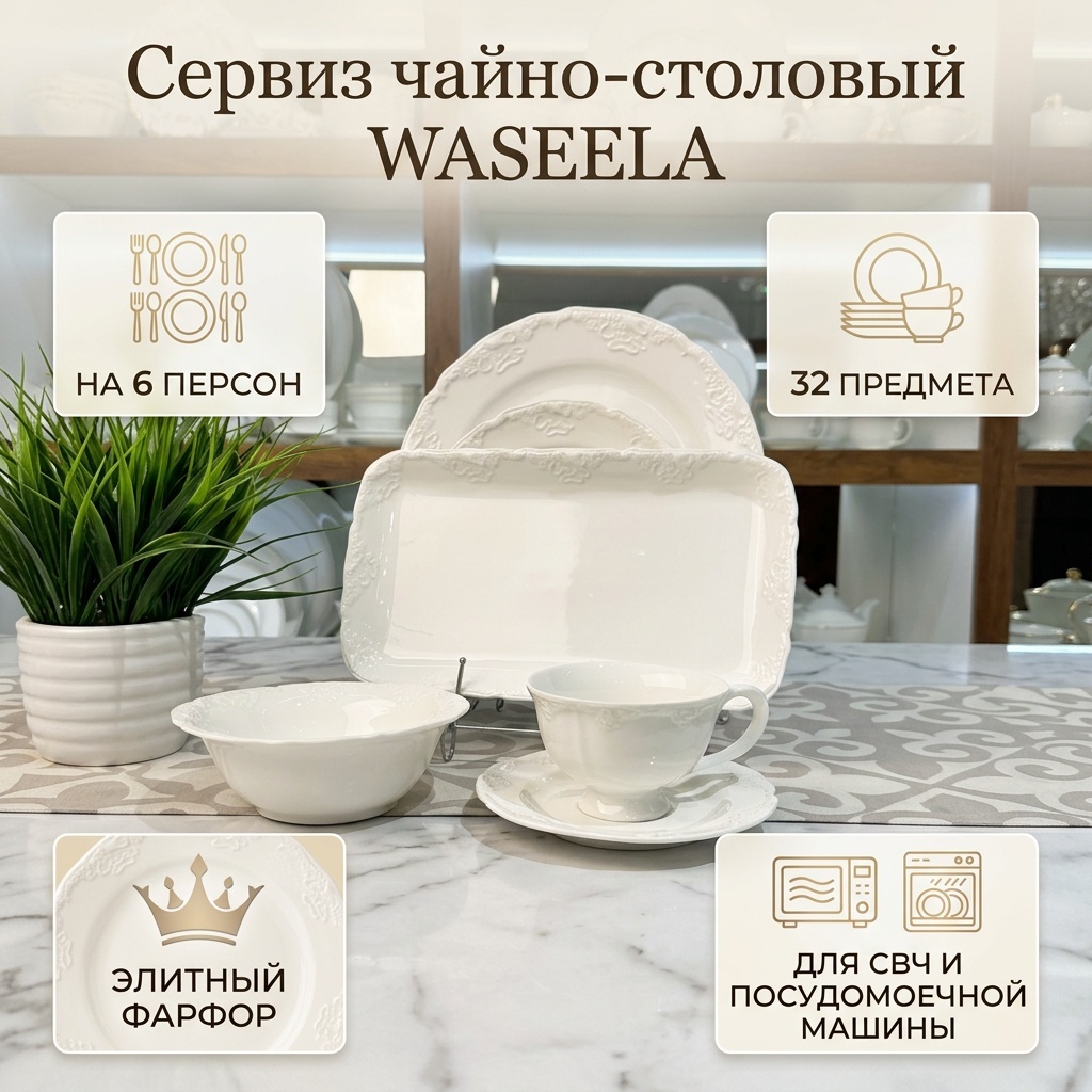 Сервиз на 6 персон WASEELA White Romance, предметов: 32, чайно-столовый, фарфор