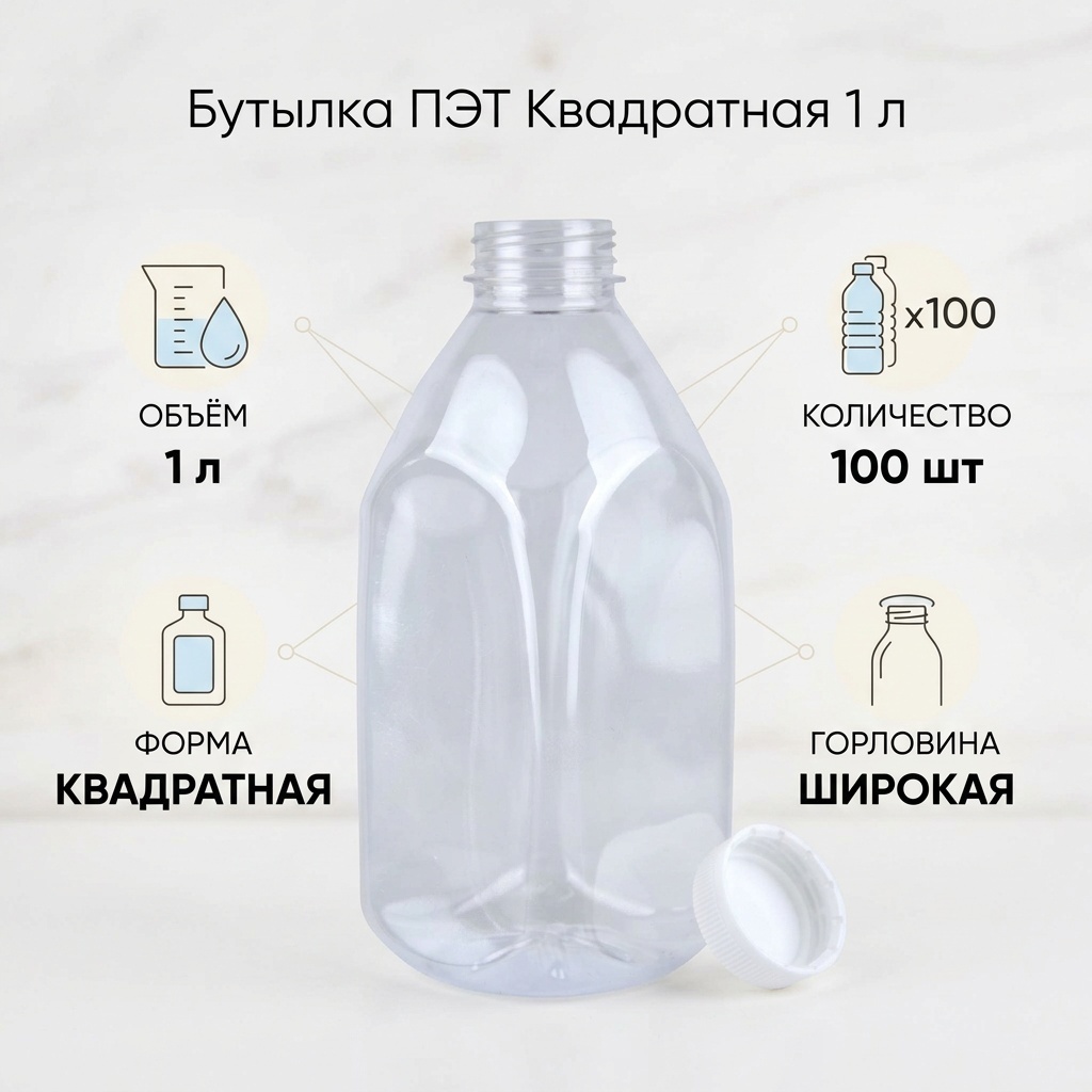 Бутылка 1 л ПЭТ квадратная с широкой горловиной/крышка в комплекте / 100 шт