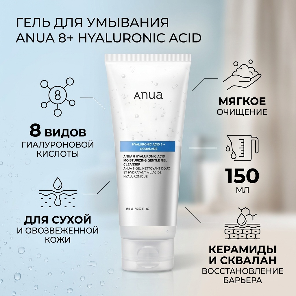 Anua 8+ Hyaluronic Acid Moisturizing Gentle GEL Cleanser гель 150 мл