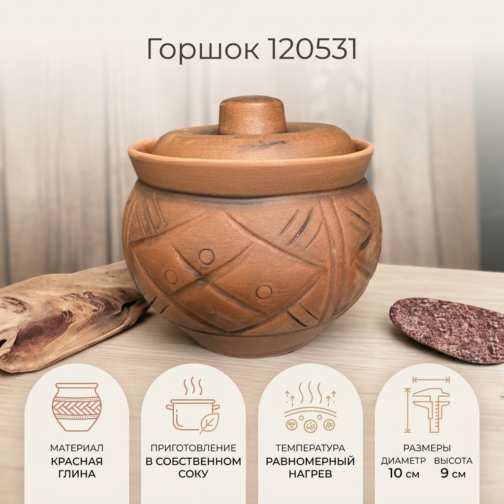 Горшок для запекания красная глина, 1 шт
