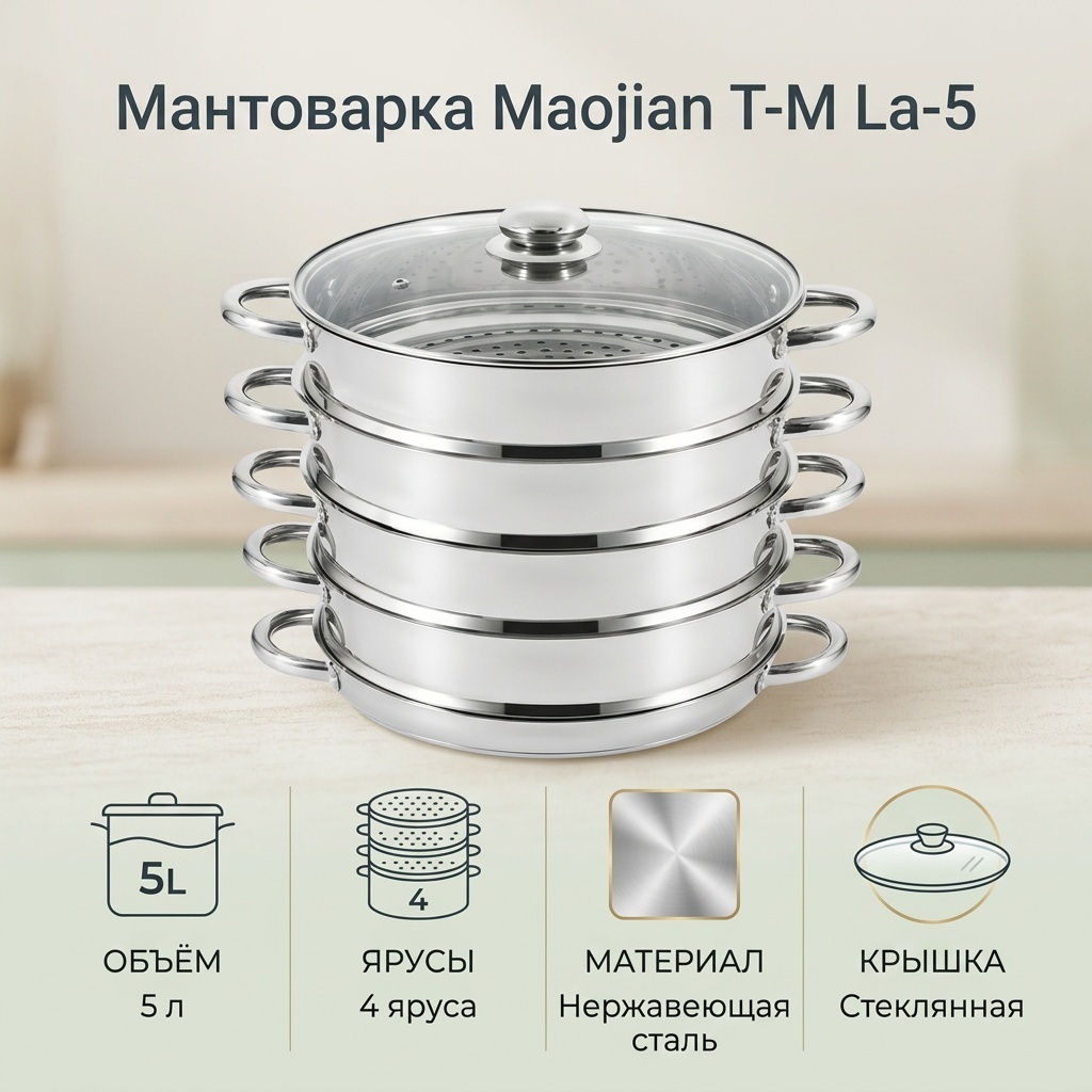 Мантоварка 5 л, Maojian сталь, количество ярусов: 4