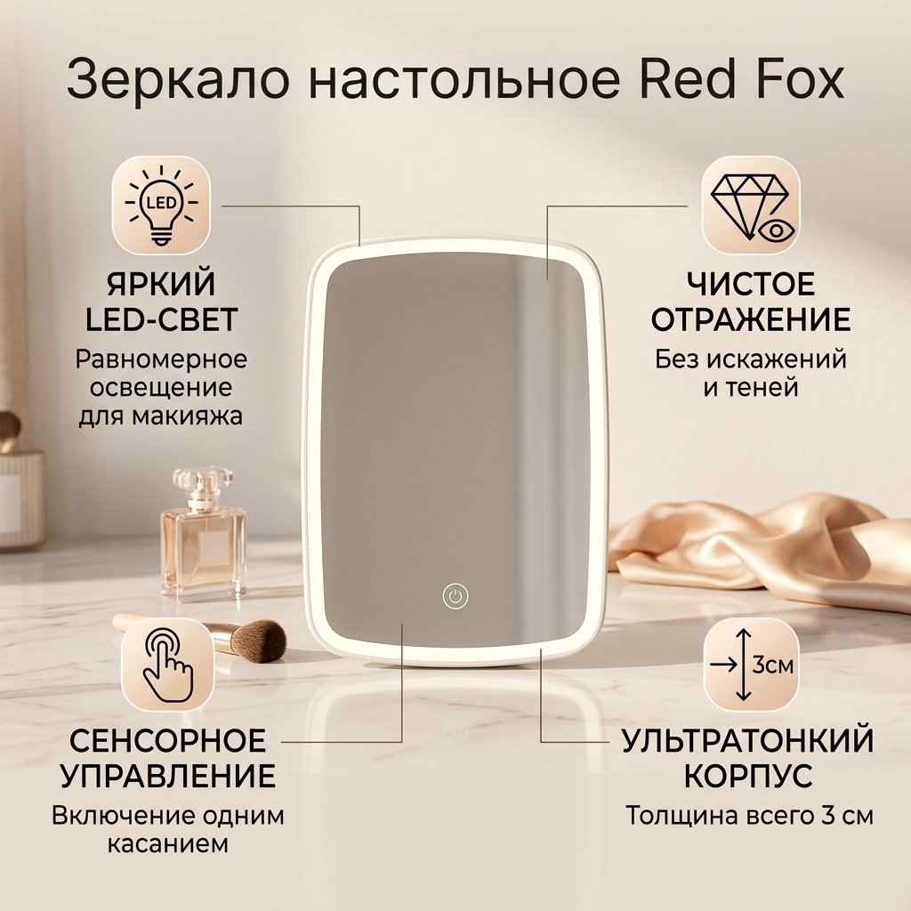 Red Fox зеркало настольное косметическое с подсветкой 23.8х16.8х3 см