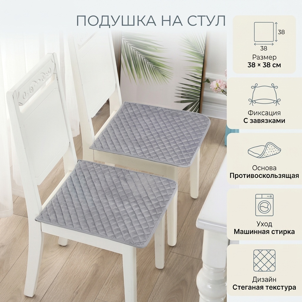 Подушка на стул тонкая 38х38 см с завязками