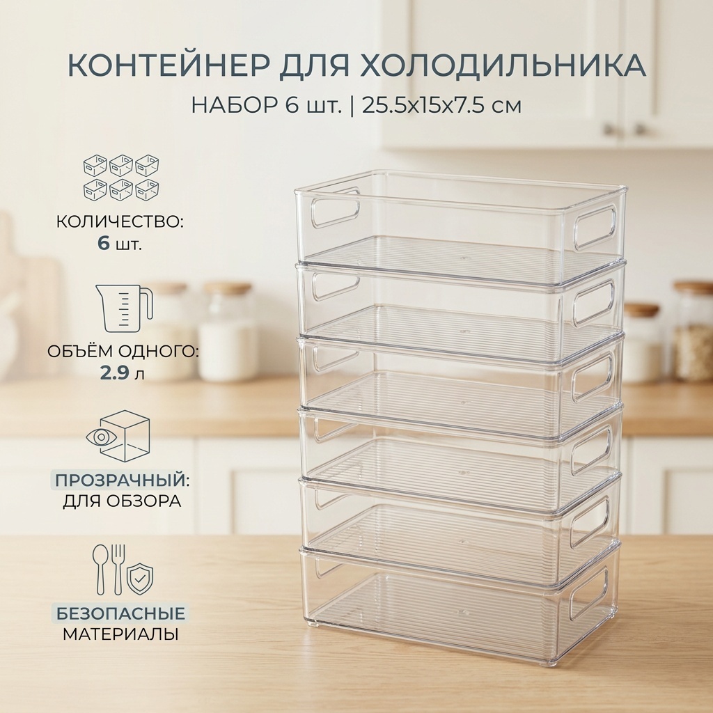 Контейнер Контейнер для холодильника 25.5x15x7.5см. 6шт, пластик, полиэстер