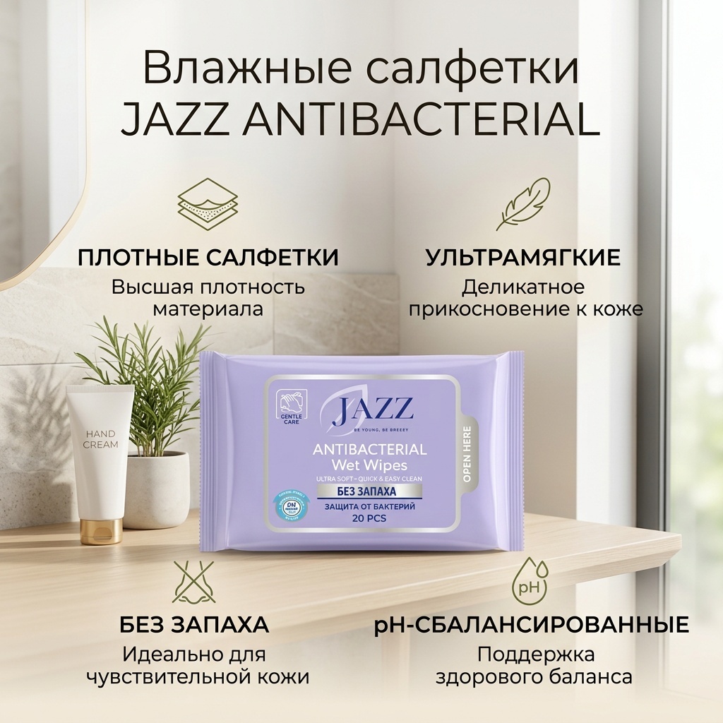 Влажные салфетки JAZZ ANTIBACTERIAL Wet Wipes 20 шт
