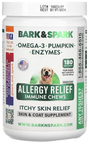 Bark&Spark Allergy Relief Immune Chews витамины от аллергии и зуда, курица, для собак 180 таблеток